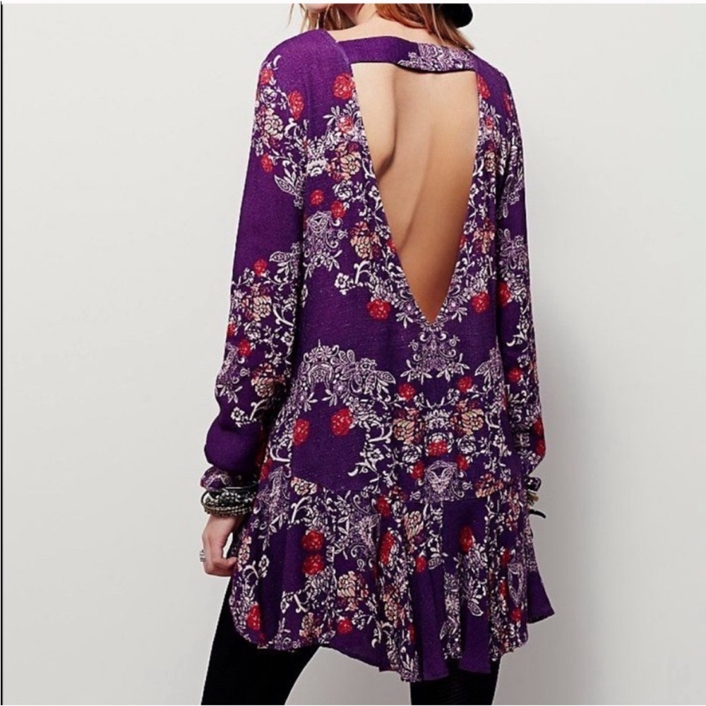 Free People Boho Mini Dress Sz XS Open Back Tunic Long Sleeves